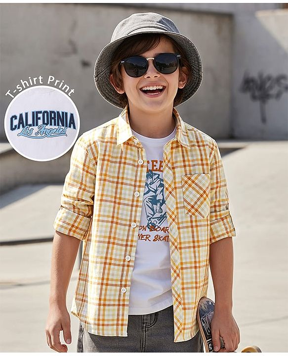 Pine Kids 100% Cotton Full Sleeves Checks Shirt With Text Printed Tank T-Shirt - Yellow & White