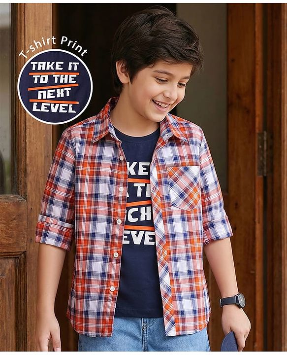 Pine Kids Cotton Woven Full Sleeves Checkered Shirt With T-Shirt - Multicolour