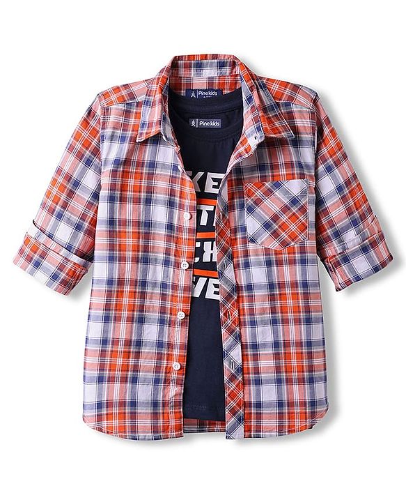 Pine Kids Cotton Woven Full Sleeves Checkered Shirt With T-Shirt - Multicolour