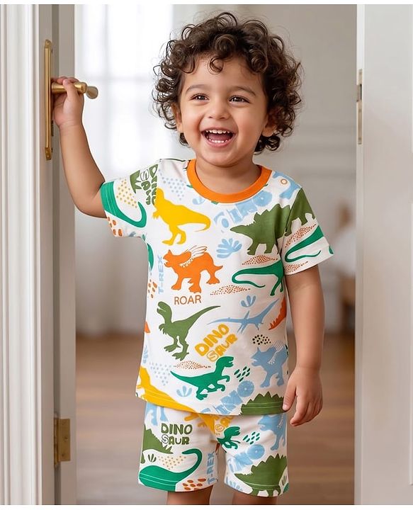 Babyhug Cotton Knit Half Sleeves Co-ords Shorts Night Suit with Dino Print - White