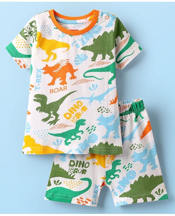 Babyhug Cotton Knit Half Sleeves Co-ords Shorts Night Suit with Dino Print - White
