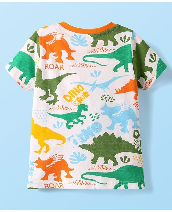 Babyhug Cotton Knit Half Sleeves Co-ords Shorts Night Suit with Dino Print - White