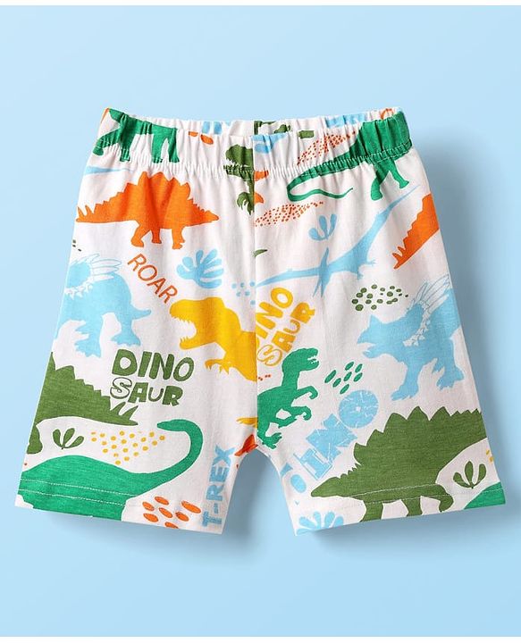Babyhug Cotton Knit Half Sleeves Co-ords Shorts Night Suit with Dino Print - White