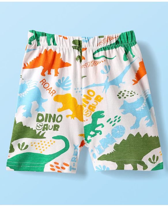 Babyhug Cotton Knit Half Sleeves Co-ords Shorts Night Suit with Dino Print - White