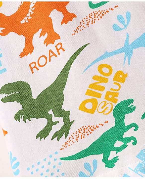 Babyhug Cotton Knit Half Sleeves Co-ords Shorts Night Suit with Dino Print - White