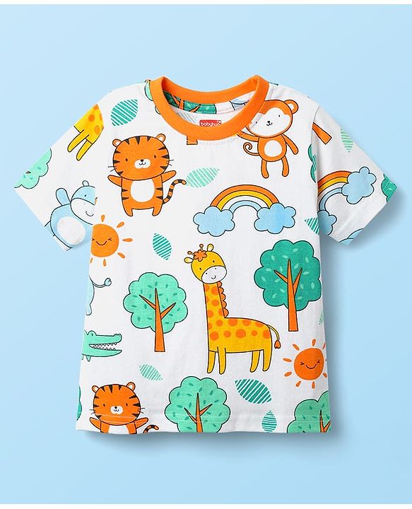 Babyhug Cotton Knit Half Sleeves Co-ord Night Suit With Animal Print - White
