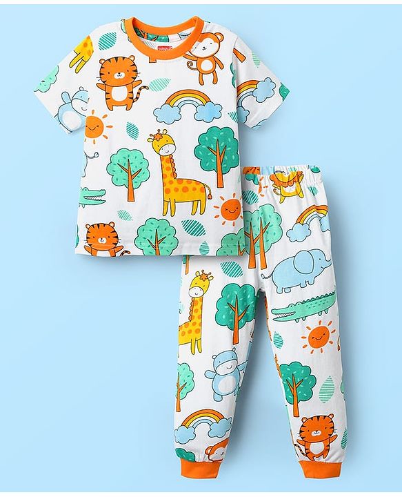 Babyhug Cotton Knit Half Sleeves Co-ord Night Suit With Animal Print - White