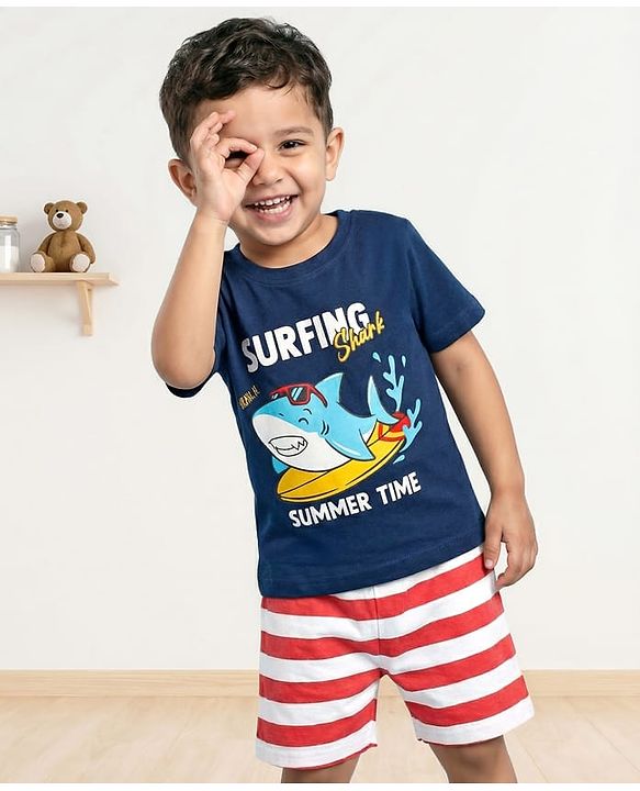 Babyhug Cotton Knit Half Sleeves Shorts Night Suit With Stripes & Surfing Text Print - Navy Blue Red & White