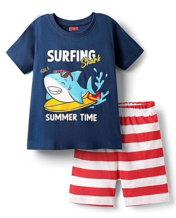 Babyhug Cotton Knit Half Sleeves Shorts Night Suit With Stripes & Surfing Text Print - Navy Blue Red & White