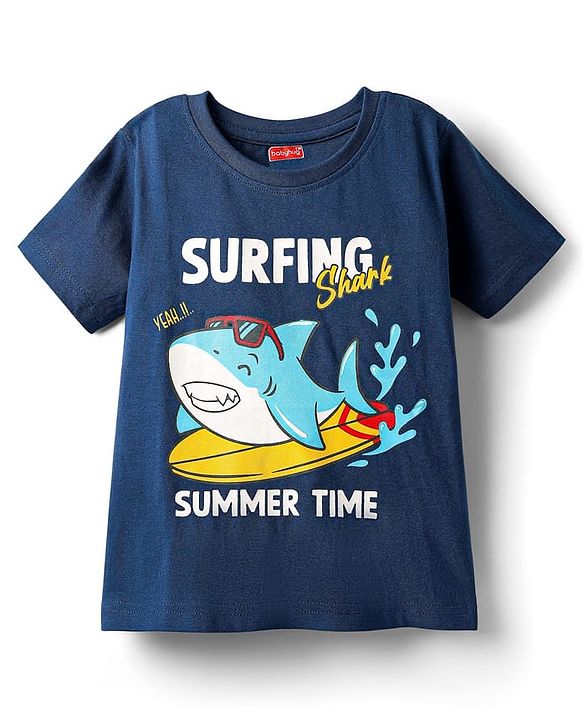 Babyhug Cotton Knit Half Sleeves Shorts Night Suit With Stripes & Surfing Text Print - Navy Blue Red & White
