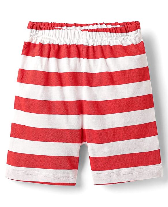 Babyhug Cotton Knit Half Sleeves Shorts Night Suit With Stripes & Surfing Text Print - Navy Blue Red & White