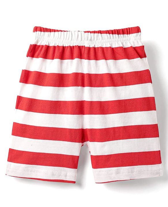 Babyhug Cotton Knit Half Sleeves Shorts Night Suit With Stripes & Surfing Text Print - Navy Blue Red & White