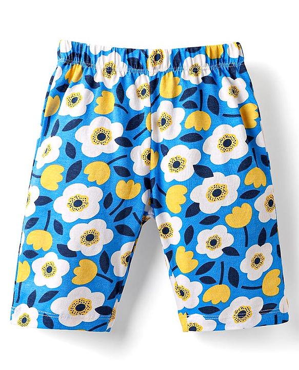 Babyhug Cotton Knit Half Sleeves Capri Night Suit With Floral Print - Yellow & Blue