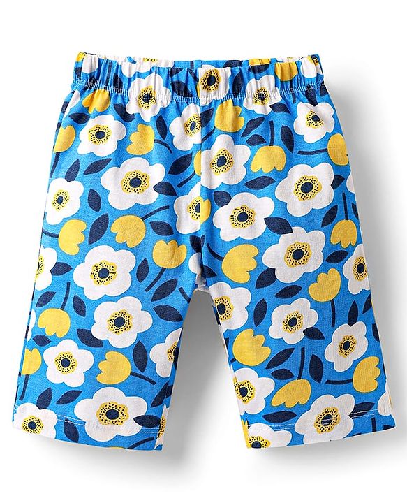 Babyhug Cotton Knit Half Sleeves Capri Night Suit With Floral Print - Yellow & Blue