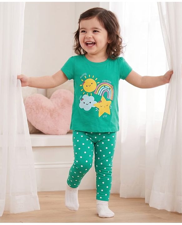 Babyhug Cotton Knit Half Sleeves Night Suit With Sun & Polka Dot Print - Green