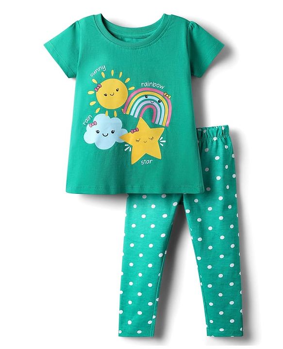 Babyhug Cotton Knit Half Sleeves Night Suit With Sun & Polka Dot Print - Green