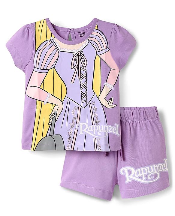 Babyhug Disney Single Jersey Knit Half Sleeves Shorts Night Suit With Rapunzel Graphics - Lavender