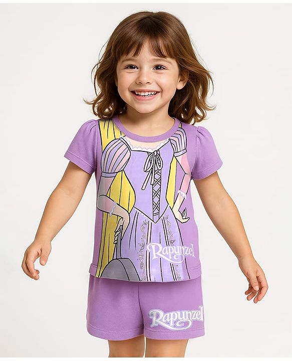 Babyhug Disney Single Jersey Knit Half Sleeves Shorts Night Suit With Rapunzel Graphics - Lavender