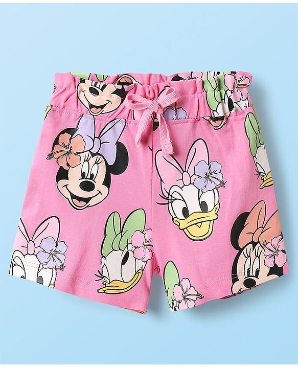 Babyhug Disney Single Jersey Knit Half Sleeves Shorts Night Suit With Minnie and Friends Graphics - Multicolor