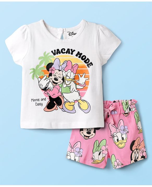 Babyhug Disney Single Jersey Knit Half Sleeves Shorts Night Suit With Minnie and Friends Graphics - Multicolor