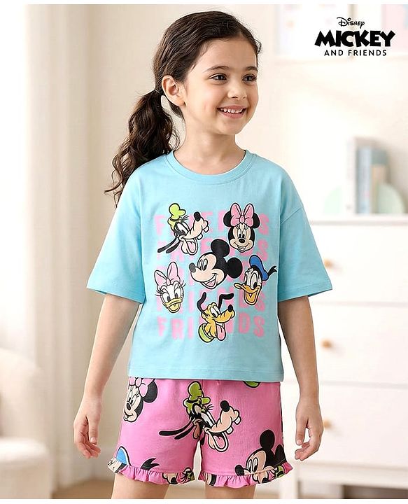 Pine Kids Disney Single Jersey Knit Oversize Drop Shoulder Half Sleeves Shorts Night Suit with Minnie & Friends Graphics - Light Blue & Pink