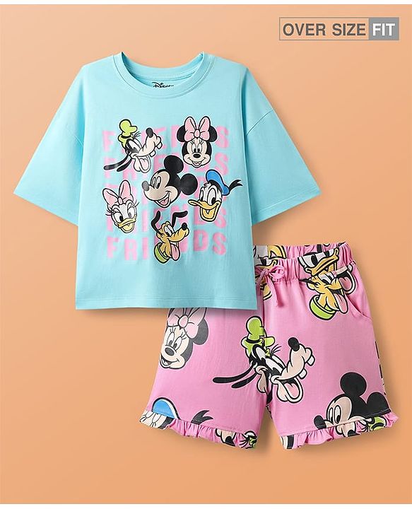 Pine Kids Disney Single Jersey Knit Oversize Drop Shoulder Half Sleeves Shorts Night Suit with Minnie & Friends Graphics - Light Blue & Pink