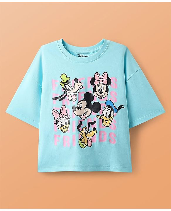 Pine Kids Disney Single Jersey Knit Oversize Drop Shoulder Half Sleeves Shorts Night Suit with Minnie & Friends Graphics - Light Blue & Pink