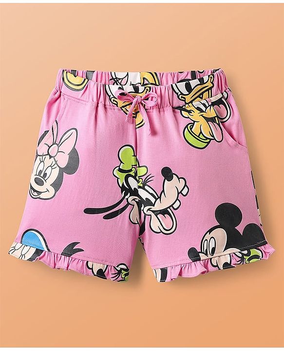 Pine Kids Disney Single Jersey Knit Oversize Drop Shoulder Half Sleeves Shorts Night Suit with Minnie & Friends Graphics - Light Blue & Pink