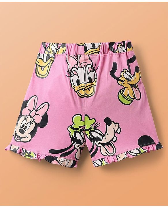 Pine Kids Disney Single Jersey Knit Oversize Drop Shoulder Half Sleeves Shorts Night Suit with Minnie & Friends Graphics - Light Blue & Pink