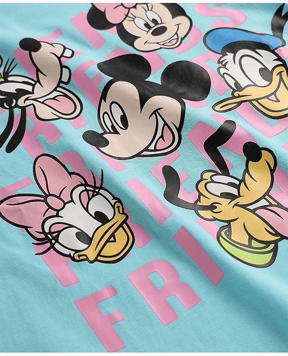 Pine Kids Disney Single Jersey Knit Oversize Drop Shoulder Half Sleeves Shorts Night Suit with Minnie & Friends Graphics - Light Blue & Pink