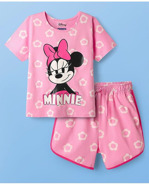 Pine Kids Disney Single Jersey Knit Half Sleeves Shorts Night Suit with Minnie Mouse & Floral Print - Pink