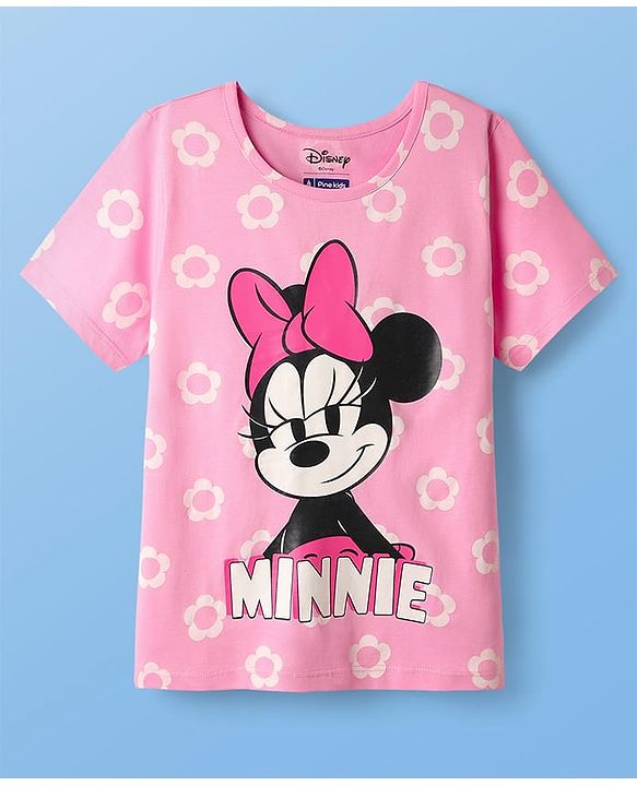 Pine Kids Disney Single Jersey Knit Half Sleeves Shorts Night Suit with Minnie Mouse & Floral Print - Pink