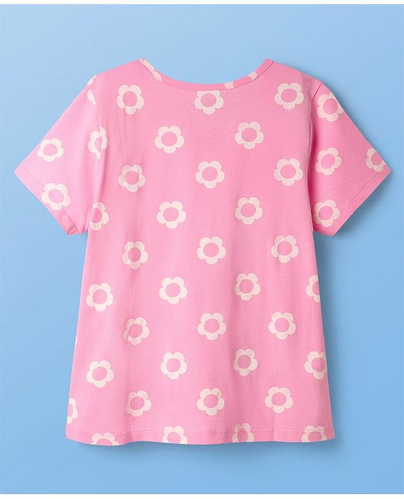 Pine Kids Disney Single Jersey Knit Half Sleeves Shorts Night Suit with Minnie Mouse & Floral Print - Pink