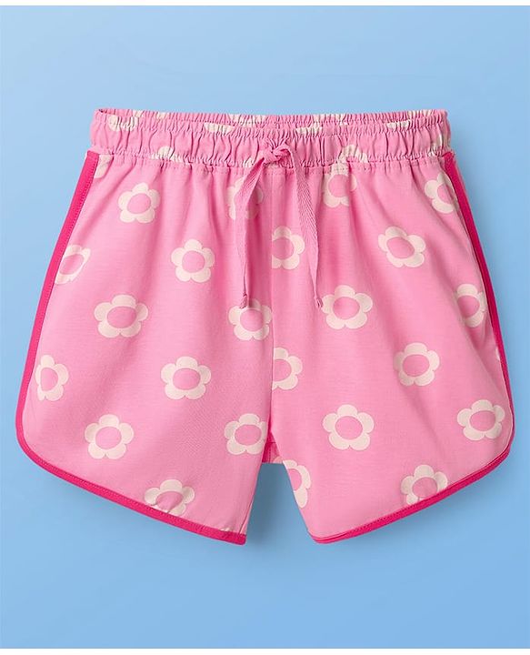 Pine Kids Disney Single Jersey Knit Half Sleeves Shorts Night Suit with Minnie Mouse & Floral Print - Pink