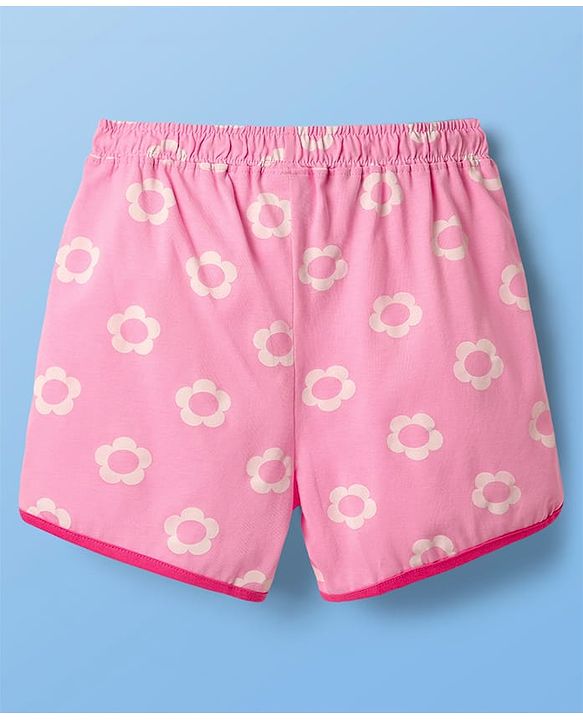 Pine Kids Disney Single Jersey Knit Half Sleeves Shorts Night Suit with Minnie Mouse & Floral Print - Pink