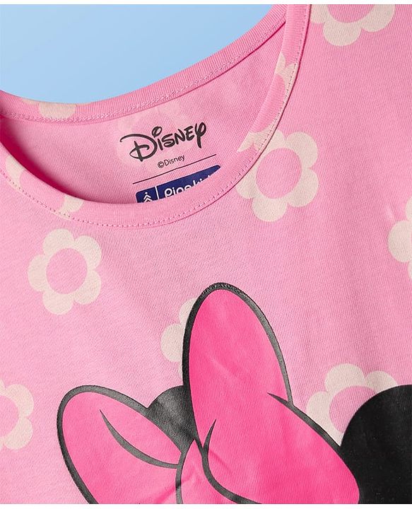 Pine Kids Disney Single Jersey Knit Half Sleeves Shorts Night Suit with Minnie Mouse & Floral Print - Pink