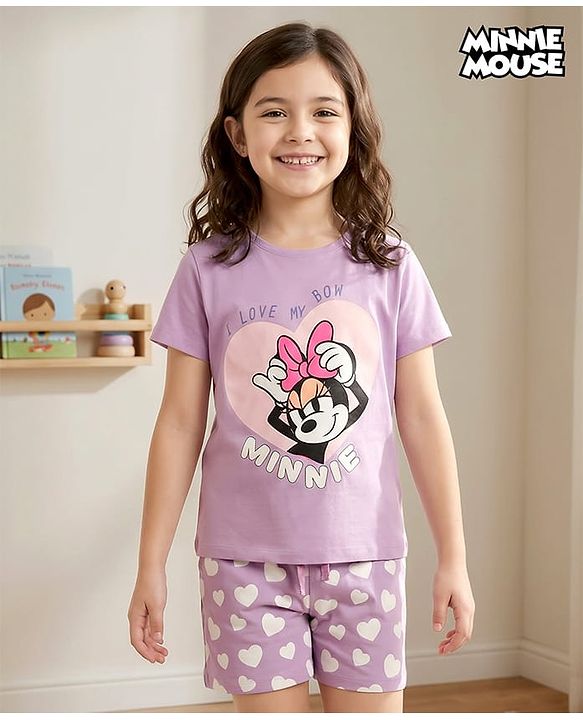 Pine Kids Disney Single Jersey Knit Oversized Half Sleeves Shorts Night Suit with Minnie & Friends Graphics - Lilac