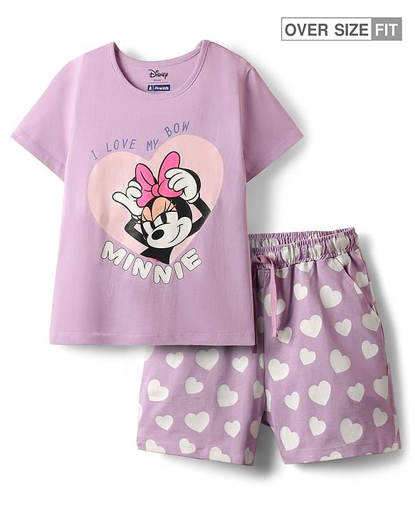 Pine Kids Disney Single Jersey Knit Oversized Half Sleeves Shorts Night Suit with Minnie & Friends Graphics - Lilac