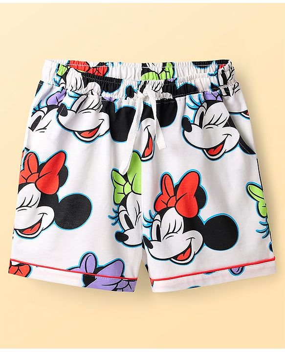 Pine Kids Disney Single Jersey Knit Half Sleeves Co-ords Shorts Night Suit With Minnie Mouse Print - White