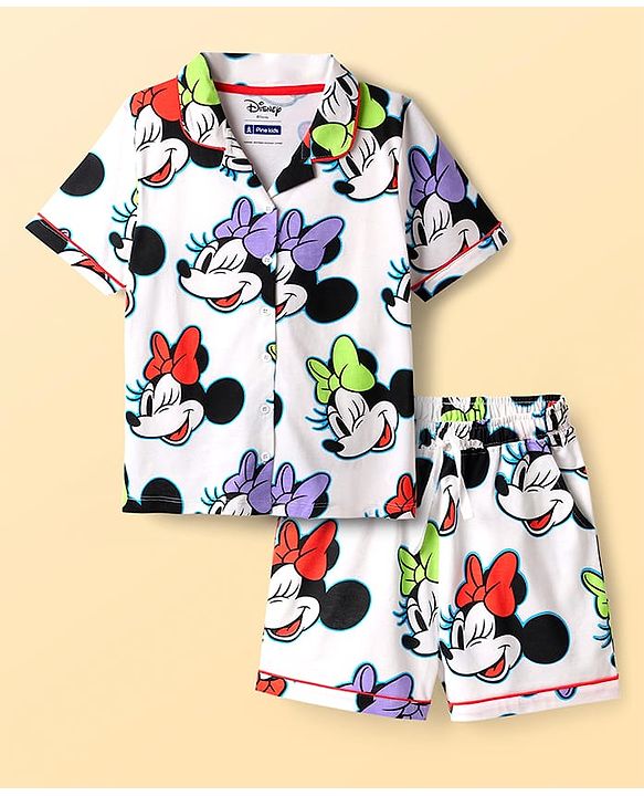 Pine Kids Disney Single Jersey Knit Half Sleeves Co-ords Shorts Night Suit With Minnie Mouse Print - White