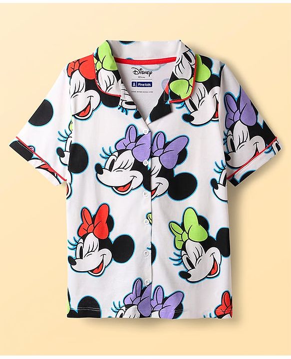 Pine Kids Disney Single Jersey Knit Half Sleeves Co-ords Shorts Night Suit With Minnie Mouse Print - White