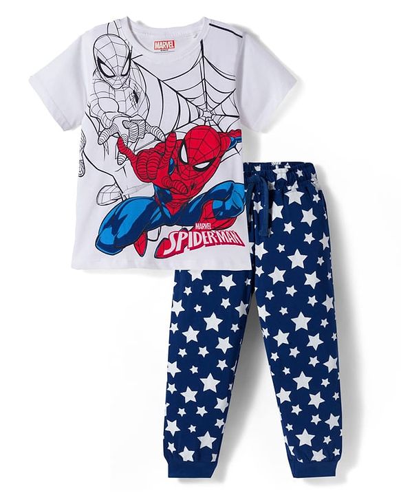 Pine Kids Marvel Single Jersey Knit Half Sleeves Night Suit With Spiderman Graphics - White & Navy Blue