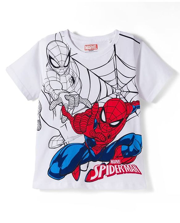 Pine Kids Marvel Single Jersey Knit Half Sleeves Night Suit With Spiderman Graphics - White & Navy Blue