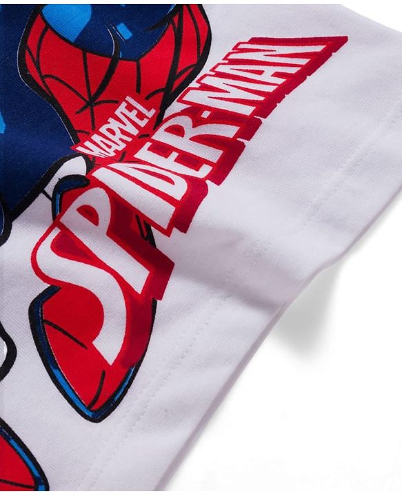 Pine Kids Marvel Single Jersey Knit Half Sleeves Night Suit With Spiderman Graphics - White & Navy Blue