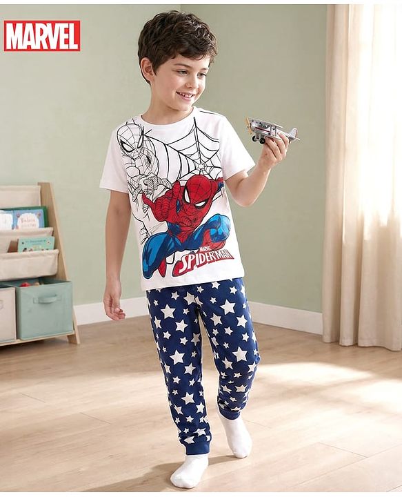 Pine Kids Marvel Single Jersey Knit Half Sleeves Night Suit With Spiderman Graphics - White & Navy Blue