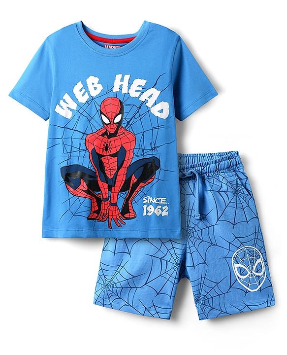 Pine Kids Marvel Single Jersey Knit Half Sleeves Shorts Night Suit with Spider Man Graphics - Blue