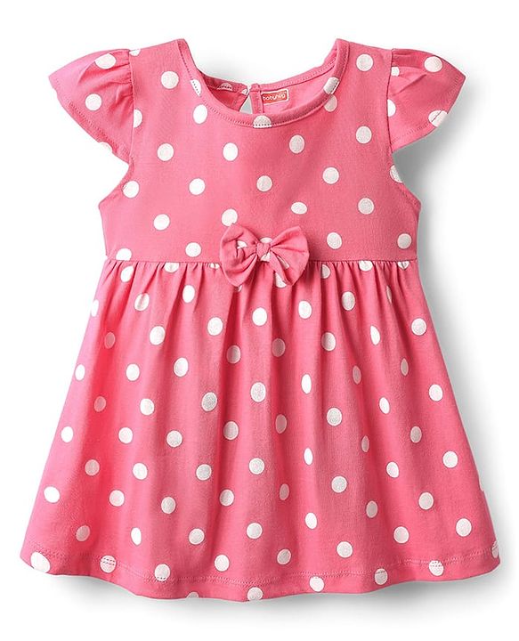 Babyhug Single Jersey Knit Cap Sleeves Polka Dot & Floral Printed Frocks With Bow Applique Pack of 2 - Pink & Navy Blue
