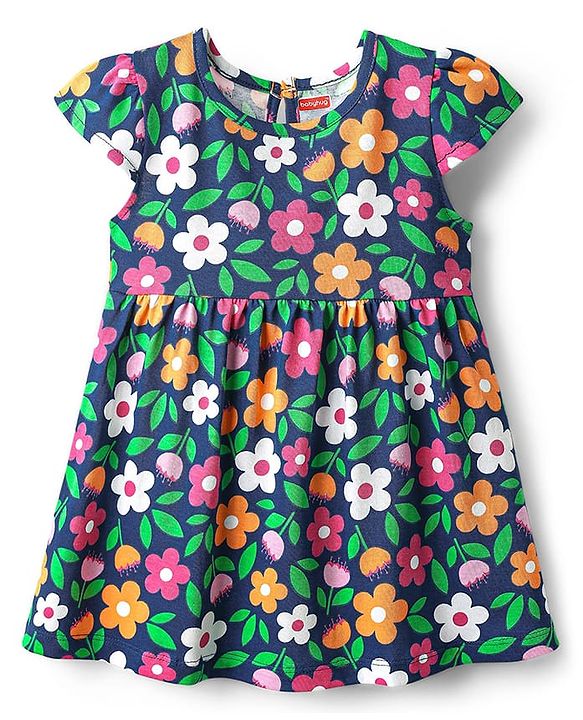 Babyhug Single Jersey Knit Cap Sleeves Polka Dot & Floral Printed Frocks With Bow Applique Pack of 2 - Pink & Navy Blue