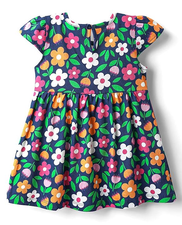 Babyhug Single Jersey Knit Cap Sleeves Polka Dot & Floral Printed Frocks With Bow Applique Pack of 2 - Pink & Navy Blue