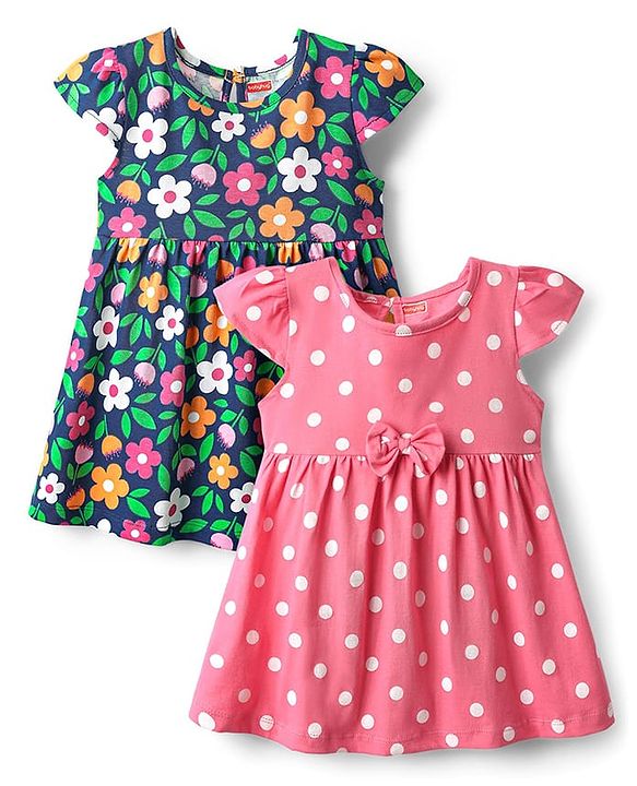 Babyhug Single Jersey Knit Cap Sleeves Polka Dot & Floral Printed Frocks With Bow Applique Pack of 2 - Pink & Navy Blue